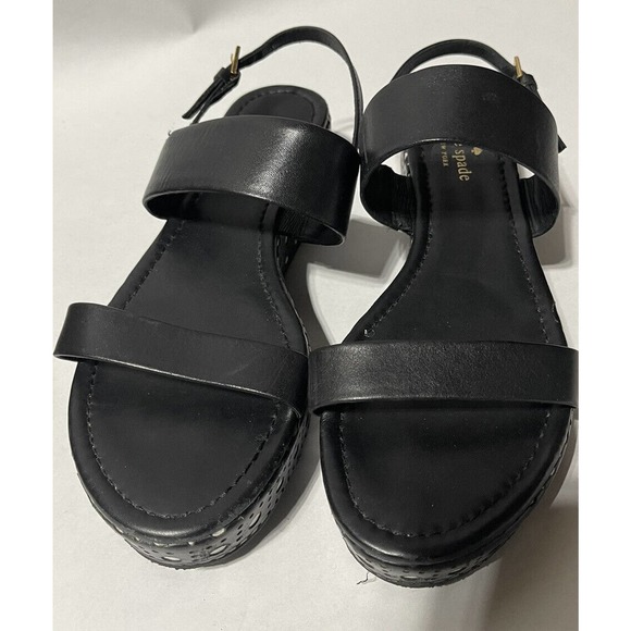 KATE SPADE black leather sandals with white polka dot platforms size 8.5‎ - Picture 1 of 6